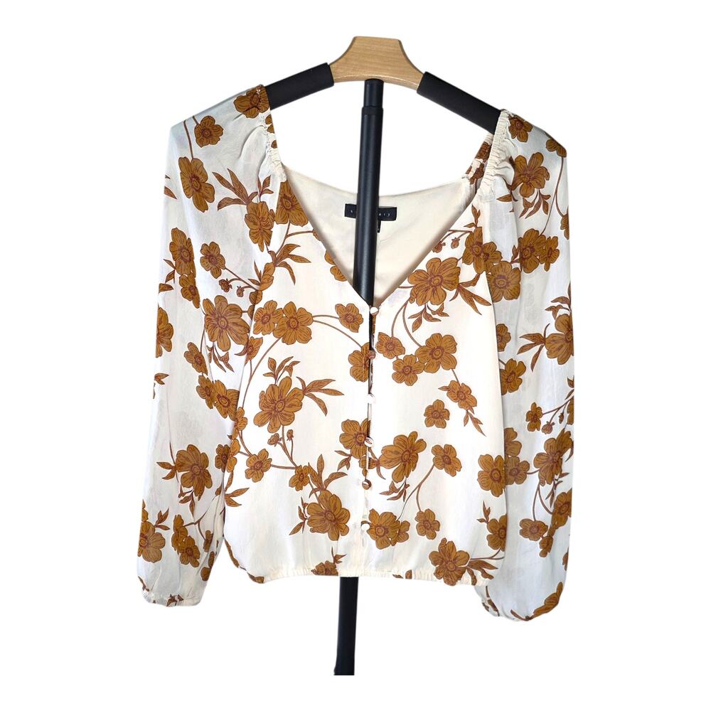 Sanctuary Floral Blouse Boho Peasant Top Ivory Brown Small Elastic Waist